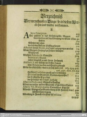 Verzeichnüß Der vornehmsten Dinge, so in diesem Wercke hin und wieder vorkommen