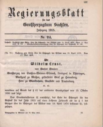 Nr. 83: Nachtrag zum Gesetz über die Schonzeit des Wildes vom 19. April 1876