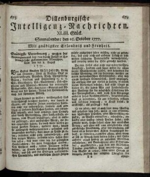 XLIII. Stück. Sonnabends: den 25. October 1777.