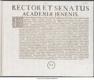 Rector Et Senatus Academiae Jenensis : Facile intelligi potest ... P P. D. 8. Januar. Anno MDCLXXX.