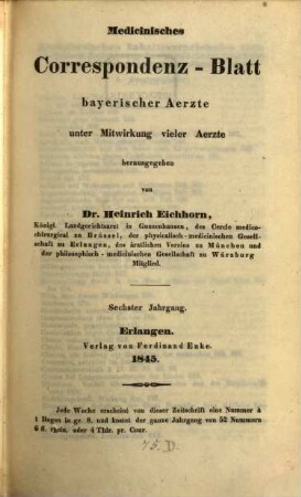 Medicinisches Correspondenz-Blatt bayerischer Aerzte. 6. 1845