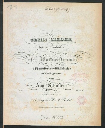 Sechs Lieder heitern Inhalts für vier Männerstimmen : (Pianoforte willkürlich) ; 3tes Werk