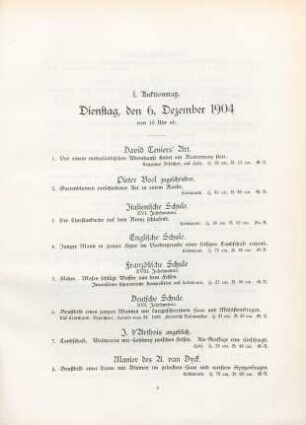 I. Auktionstag. Dienstag, den 6. Dezember 1904 von 10 Uhr ab