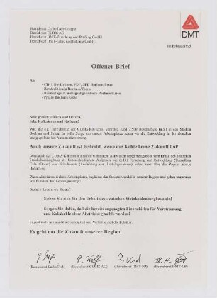 "Offener Brief. Auch unsere Zukunft ist bedroht, wenn die Kohle keine Zukunft hat!"