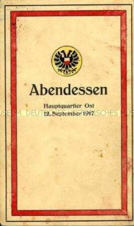 Speisekarte für das Abendessen im Hauptquartier Ost am 12. September 1917