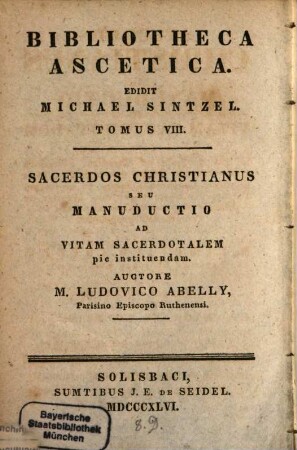 Sacerdos Christianus seu manuductio ad vitam sacerdotalem pie instituendam