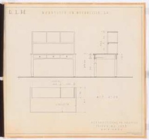 Reichsluftfahrtministerium, Berlin: Weinkeller L4: Wandtisch Ansicht, Schnitt, Grundriss 1:10