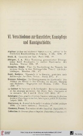 VI. Verschiedenes zur Kunstlehre, Kunstpflege und Kunstgeschichte