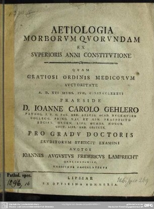 Aetiologia Morborum Quorundam Ex Superioris Anni Constitutione