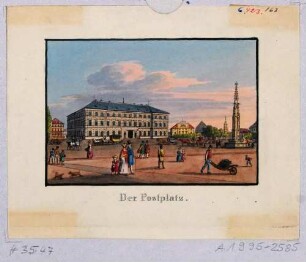 Der Postplatz in Dresden, Blick nach Südwesten, mittig das Postgebäude und der "Goldene Ring", rechts der Cholerabrunnen, im Hintergrund die Annenkirche