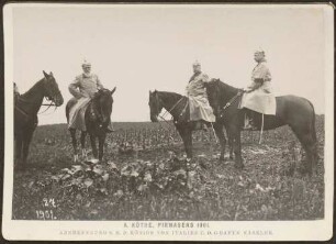 Großherzog Friedrich I. und zwei berittene Uniformierte.