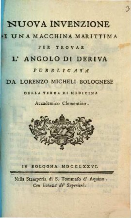 Nuova Invenzione di una machina marittima per trovar l'angolo di deriva