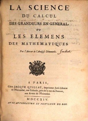 La Science du Calcul des Grandeurs en general