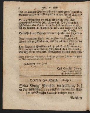 Copia des Königl. Rescripts.