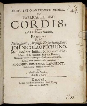 Exercitatio Anatomico-Medica, De Fabrica Et Usu Cordis