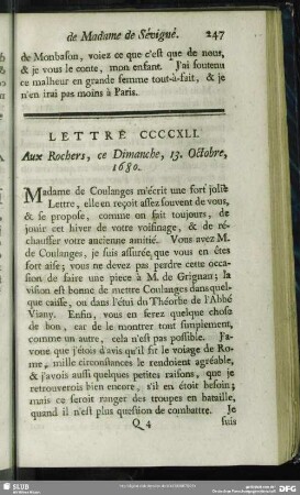 Lettre CCCCXLI. Aux Rochers, ce Dimanche, 13. Octobre, 1680