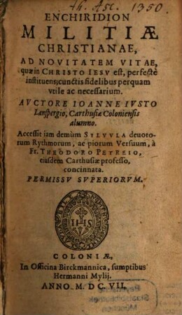 Ioh. Iusti Lanspergii Enchiridion militiae christianae