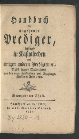 13. Theil (1782): Handbuch für angehende Prediger