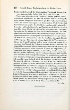 580 [Rezension] Schmid, Josef, Kurzes Handwörterbuch des Kirchenlateins