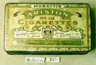 Blechdose für 50 Stück "MURTTI'S ARISTON No.10 CIGARETTES Manufactured from finest DUBEC TOBACCO. B. MURATTI SONS UND CO. LIMITED."
