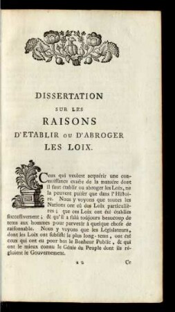 Dissertation Sur Les Raisons D'Etablir Ou D'Abroger Les Loix.