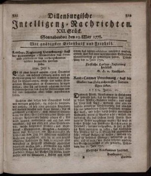 XXI. Stück. Sonnabends: den 23. May 1778.