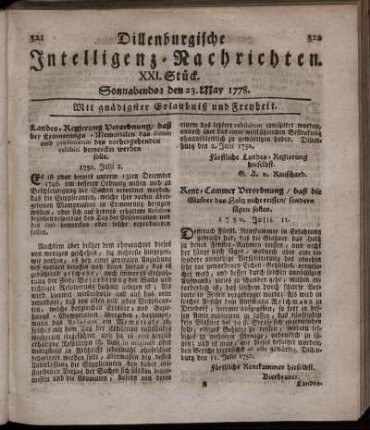 XXI. Stück. Sonnabends: den 23. May 1778.