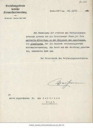 Conrad Haußmann an Clemens von Delbrück