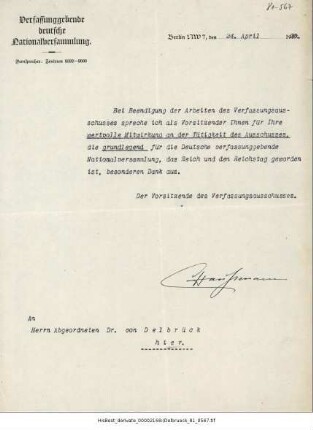 Conrad Haußmann an Clemens von Delbrück