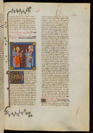 Titelminiatur: Paulus, hinter ihm Timotheus, predigt vor dem Bischof von Philippi und seiner Gemeinde
