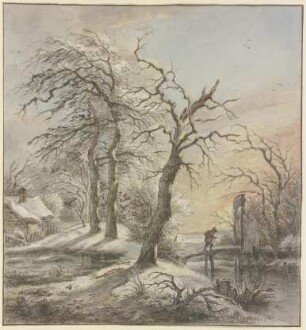 Winterlandschaft, ein Wanderer überquert auf einem Steg einen Bach