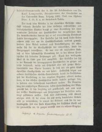 [Rezension] Initial-Ornamentik des 8. bis. 13. Jahrhunderts von Dr. Karl Lamprecht