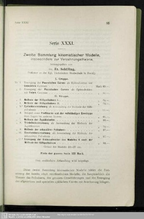 Serie XXXI. : Zweite Sammlung kinematischer Modelle, insbesondere für Verzahnungstheorie nach Fr. Schilling