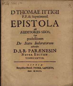 Epistola ad Auditores suos, qua praelectiones de statu induratorum adv. D. A. R. Paraenesin nuper editam vindicantur