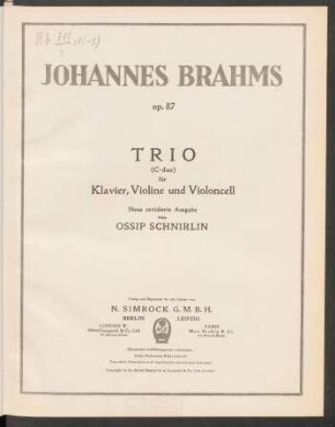 Trio (C-Dur) für Klavier, Violine und Violoncell : op. 87