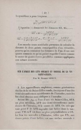 Sur l'angle des lits oblique et normal de la vis Saint-Gilles.