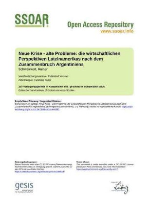 Neue Krise - alte Probleme: die wirtschaftlichen Perspektiven Lateinamerikas nach dem Zusammenbruch Argentiniens