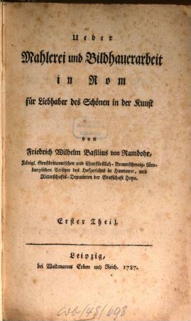 Ueber Mahlerei und Bildhauerarbeit in Rom : für Liebhaber des Schönen in der Kunst, 1