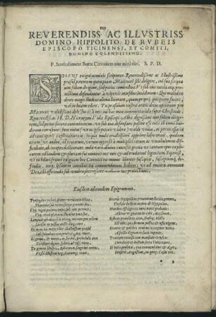 Reverendiss. Ac Illustriss. Domino Hippolito De Rubeis Episcopo Ticinensi, El Comiti Domino Colendissimo