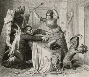 Kaulbach, Wilhelm von. Illustration zu Reineke Fuchs von Johann Wolfgang v. Goethe. Reineke trägt vom gedeckten Tische des Pfaffen einen gebratenen Kapaun fort