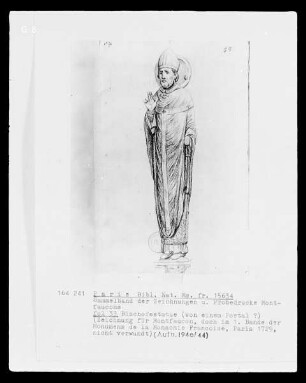 Les monuments de la monarchie française. Sammelband der Zeichnungen und Probedrucke Montfaucons — Bischofsstatue, Folio fol. 33
