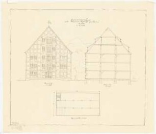 Speichergebäude: Ansicht, Schnitt 1:100, Grundriss 1:200