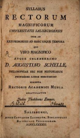 Syllabus rectorum magnificorum universitatis Salisburgensis