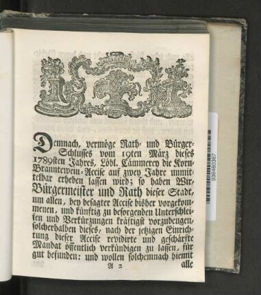 [Revidirtes Mandat die Accise von dem Korn-Branntewein betreffend.]