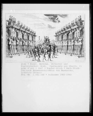 Opernszene aus Francesco Sbarras "Il pomo d'oro"; Mit Bühnenarchitektur von Ludovico Ottavio Burnacini