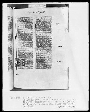Bibel — Initiale B (eatus vir), darin spielt David auf der Harfe, Folio 206recto