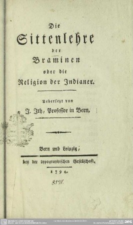Die Sittenlehre der Braminen oder die Religion der Indianer