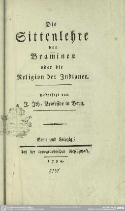 Die Sittenlehre der Braminen oder die Religion der Indianer