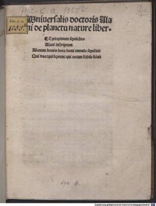 De planctu naturae : Mit Epitaph auf den Autor ‘Alanum brevis hora ...’ (Walther, Initia 727)