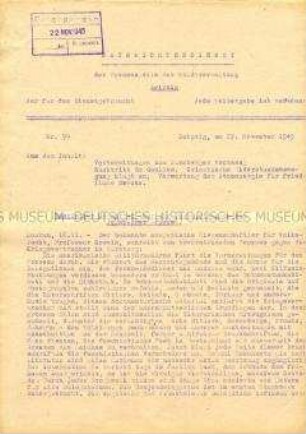 Interner Nachrichtendienst der Stadtverwaltung Leipzig u.a. zur Vorbereitung des Nürnberger Prozesses und zum Rücktritt de Gaulles ("Nur für den Dienstgebrauch")